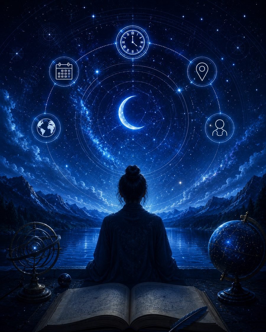An astrologer reading a chart beneath a night sky